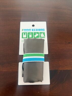 Family Mart Eco Bag Foldable Reusable Tote - Gray with Blue & Green Stripe